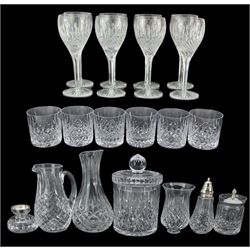 Stuart Crystal set of eight Shaftesbury wine glasses, six tumblers, a small decanter, small jug, biscuit barrel, sugar castor, marmalade pot, vase and candle holder