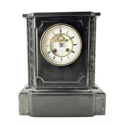 French- mid 19th century 8-day Belgium slate mantle clock, break-front case with variegated marble panels, with a flat top and a deeply incised border to the front resting on a deep plinth, two part enamel dial with a visible Brocot escapement, Roman numerals and steel moon hands, twin train rack striking movement, striking the hours and half hours on a bell. With pendulum.  
