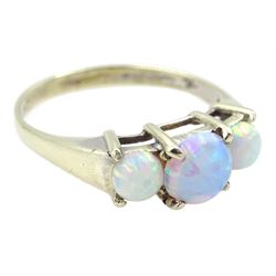 9ct white gold three stone opal ring, hallmarked