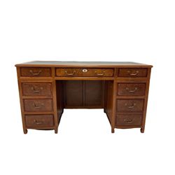 Brights of Nettlebed - hardwood twin pedestal desk, rectangular top with inset leather and scrolled inlays, fitted with nine drawers
