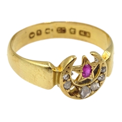 Victorian 22ct gold diamond and ruby set crescent and star ring, makers mark S H, Birmingham 1884