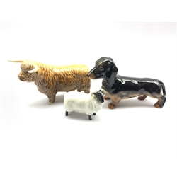 Beswick model of a Highland Bull No.2008, Beswick Dachshund No. 361 and a Beswick Black Faced Sheep No. 1765