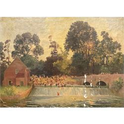 George Harrison (York 1882-1936): Figures Bathing at Buttercrambe Mill, oil on canvas signed in heavy gilt floral moulded frame, Royal Academy label verso 120cm x 89cm