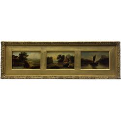 C Morrison (British 19th century): Country Scenes with Figures Cottage and Ship, set three oils signed and dated 1868 framed as single triptych each 9cm x 14cm