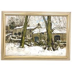 Thomas Leslie Kerkham (British 1918-1986): Yorkshire Dales Hamlet in Winter, oil on canvas signed 59cm x 90cm