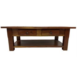 Hardwood rectangular coffee table, fitted with two drawers over an undertier, raised on chamfered supports