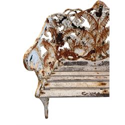 Coalbrookdale - cast iron fern pattern bench, shaped frame decorated trailing fern leaves and branches, wood slatted seat, on splayed supports