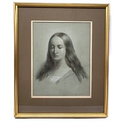 P Holland (Italian School 19th/20th century): Renaissance Style Head and Shoulders Portrait of  Lady, pencil and charcoal heightened in white chalk on grey paper signed 37cm x 29cm