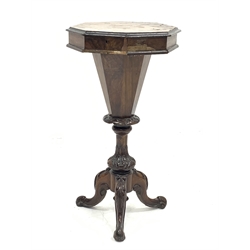 Victorian walnut trumpet sewing table, octagonal moulded hinged top enclosing fitted interior, acanthus carved column with three outsplayed supports with scroll carved terminals, D47cm, H82cm
