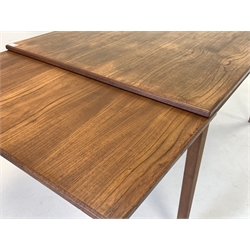 Mid 20th century Danish Teak extending dining table by Sejling Skabe, draw leaf to each end, raised on square tapered supports, together with a set of four Nathan teak dining chairs