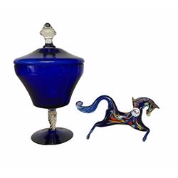 20th century blue glass vase and cover with air twist stem, H27cm together with a Murano glass horse (2)