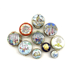Collection of ten Crummles enamel pill boxes to include Year boxes 1989, 1991, 1993, 1994 and 1996, 'Pheasant', 100th Lincolnshire Show, and three others 