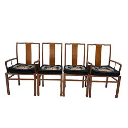 Contemporary Chinese rosewood extending dining, the extendable top, raised on square supports, with additional leaf (W167cm, H76cm, D106cm) together with eight chairs of similar design 