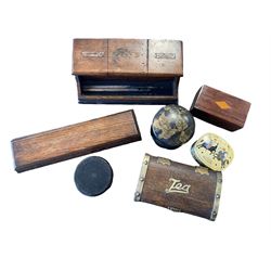 Early 20th century oak stamp box, Tea box, inkstand, turned ebony box, papier-mache lacquer box etc 