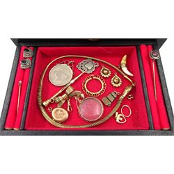 Collection of Victorian and later jewellery including 9ct gold pendant mounts, gilt propelling pencils, 9ct gold wristwatch, on 9ct gold expanding strap, silver clear paste necklace, Queen Victoria 1887 crown , stick pins and gilt snake necklace