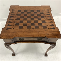 Georgian style mahogany reverse breakfront games table, moulded fold over top with inlaid chess board to interior, frieze with single drawer with pierced brass handles, single gate leg action base, shell carved cabriole supports with carved paw feet, W72cm, H72cm, D35cm