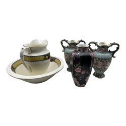Jug and bowl, pair of twin handled vase vases and Losol ware vase 