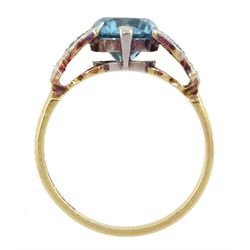 Early 20th century gold round cut blue zircon ring, with diamond set fancy shoulders, stamped 18ct Plat