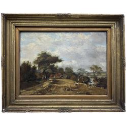 Attrib. Henry Jutsum (British 1816-1869): Farmers with Wheatsheaf's in Riverside Farmstead, oil on canvas unsigned, attributed on mount 30cm x 40cm
