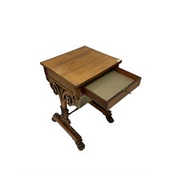 Early Victorian mahogany sewing table, the square top over one small and one large work drawer, raised on pierced sides, terminating in paw feet 