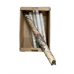 Three rolls of fabric, rolls of unused wallpaper, brass stair rods, Honda Fresh bag and a metal and plastic three-drawer table top cabinet 