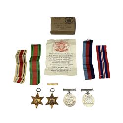 Group of four WWII medals comprising Africa Star, 1939-45 Star, War Medal and Defence Medal to Sjt C.F.Day 2006751 in cardboard box of issue
