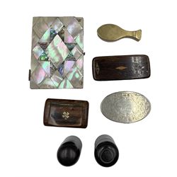 Victorian mother-of-pearl card case, with concertina fitted interior, 19th century oval silver-plated snuff box, fish shaped snuff box and two 19th century turned rosewood ink bottle cases (7)