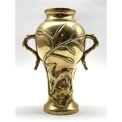 Late 19th Century Chinese polished bronze two handled baluster vase with deer and bamboo decoration and seal mark to base H20cm