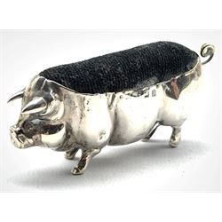 Early 20th Century novelty pin cushion in the form of a pig L7cm Birmingham 1912, makers mark rubbed but probably Levi & Salaman