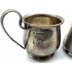 Victorian engraved silver christening mug London 1883 Maker Josiah Williams & Co and a plain silver mug with inscription Birmingham 1926 10.6oz 