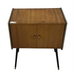 Mid-20th century teak LP record cabinet, enclosing five divisions, on splayed ebonised supports