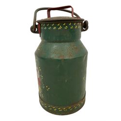 Miniature 2 gallon painted milk churn, green background with central painted church landscape, floral borders and neck, with lid and handle