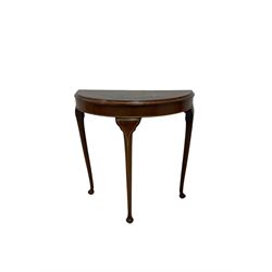 Early to mid-20th century demi-lune mahogany console table, Chinoiserie decoration depicting figure within a traditional landscape, on cabriole supports 
