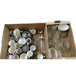 Beaten pewter teapot, Victorian teapot, eight glass jelly moulds, two glazed jelly moulds, two glass soda syphons etc in two boxes