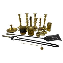 Group of Victorian brass and cast iron charcoal irons, 19th century brass and wrought iron chestnut roaster, brass clockwork roasting jack, small brass ships lantern, various sized 19th century brass candlesticks etc 