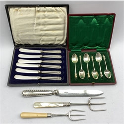 Set of six silver 'Apostle' coffee spoons Birmingham 1906 Maker John Yates & Son,, set of six silver handled pastry knives, cased, two plated bread forks with silver collars and a plated bread knife