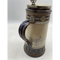 Late 19th century Doulton Lambeth stoneware tankard by Hannah Barlow, the tapered body incised with a band of Deer in a landscape with silver-plated mounts and pierced thumbpiece, H26.5cm 