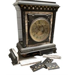 French - late 19th century Belgium slate 8-day mantle clock, with a flat panel to the front with marble inserts,



