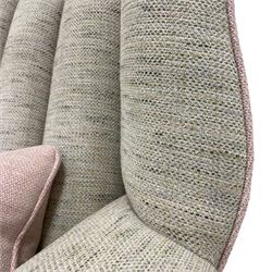 Traditionally shaped wingback armchair, hardwood framed with fan curved back, upholstered in woven Herringbone fabric in pale grey with pink piping, on ball and claw carved feet, with contrasting pink scatter cushion 
