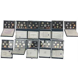 Eleven The Royal Mint United Kingdom proof coin collections, dated 1983, 1984, 1985, 1986, 1987, 1988, 1991, 1993, 1995, 1996 and 1998, all cased with certificates
