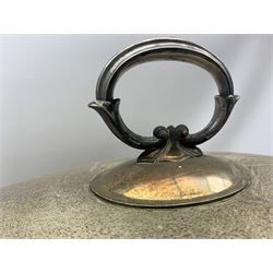 Late Victorian large plated oval heated meat tray with gadrooned edge, gravy well and cast leaf handles L67cm and a similar meat dome engraved with a crest