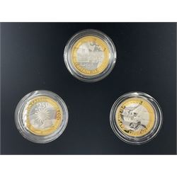 Three The Royal Mint United Kingdom 2018 '250th Anniversary of Captain James Cook's Voyage of Discovery' silver proof two pound coins, comprising 'Coin I - 1768', 'Coin II - 1769' and 'Coin III - 1770', housed in a presentation box together with the original boxes and certificates