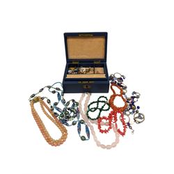 Small jewellery box with lift out tray and key, two glass bead necklaces and various items of costume jewellery