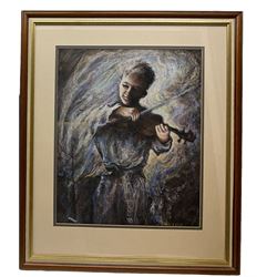 Walter A Elliot (British 1926-): Boy Playing Violin, pastel signed