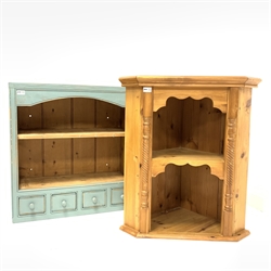  Painted pine wall rack with two open shelves over four spice drawers, (W74cm) and a pine wall hanging corner cupboard with two shelves, (W71cm)  
