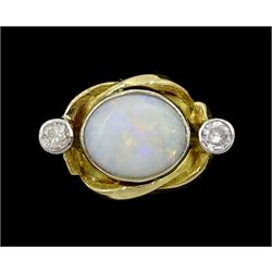 14ct gold three stone opal and round brilliant cut diamond ring, hallmarked