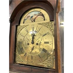  Early 19th century inlaid mahogany longcase clock, the brass dial with Roman and Arabic chapter ring, moon phase and subsidiary date and seconds hand, inscribed 'Westmoreland, Leeds' eight day movement striking on bell, H231cm