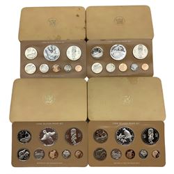 Four Cook Island proof eight coin sets, dated 1976, 1977, 1978, 1979, from one cent to five dollars, produced by The Franklin Mint, all cased with certificates (4)