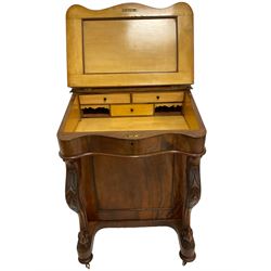 Victorian figured walnut Davenport, lidded sarcophagus shaped pen compartment with fitted interior, desk with inset writing slope enclosing maple lined interior with three drawers, over a bank of four drawers and four matching faux drawers, raised on platform base with cabriole supports carved with acanthus leaves, on casters.