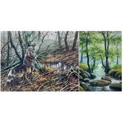 Mick Cawston (British 1959-2006): Gentleman Shooting with Gun Dog, limited edition colour print signed and numbered 331 in pencil 25cm x 42cm; Donald Ayres (British 20th century): Woodland River with Bridge, oil on board signed 17cm x 12cm (2)